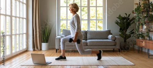 A fit Caucasian senior woman performs lunge exercises with dumbbells while watching an online workout class on a laptop in her bright panoramic living room.