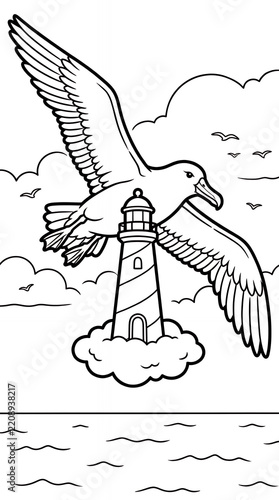 Albatross flying past floating lighthouse coloring page.
