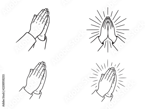 Four sketches of praying hands with radiating lines on a white background