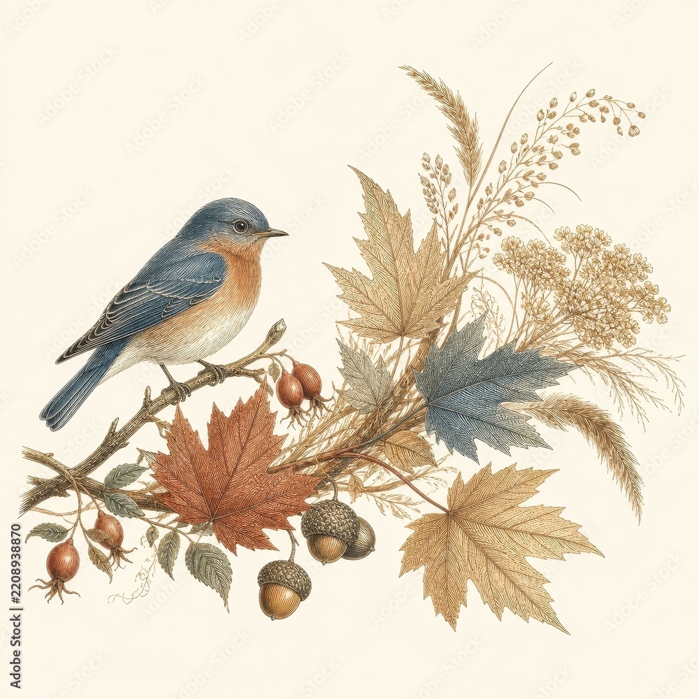 Obraz premium Vintage bird perched on autumn branch with dried leaves