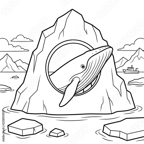Whale jumping through iceberg portal coloring page for kids