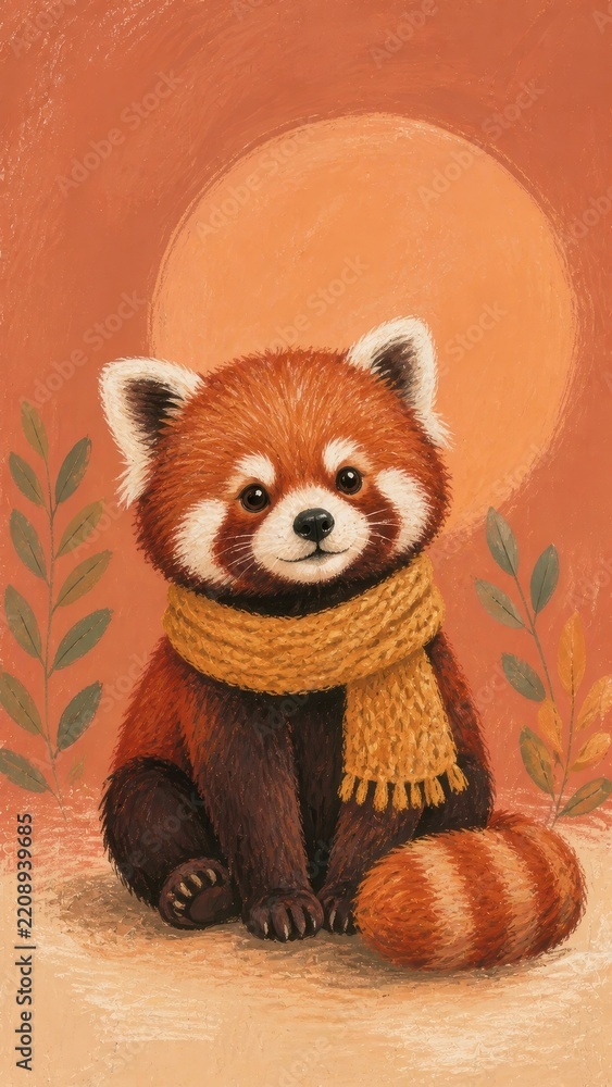 Obraz premium Cute red panda illustration with scarf, warm autumn style, mobile wallpaper