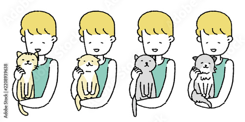 いろいろな猫を優しく抱っこする女性のイラスト