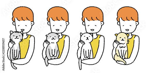 いろいろな猫を優しく抱っこする女性のイラスト