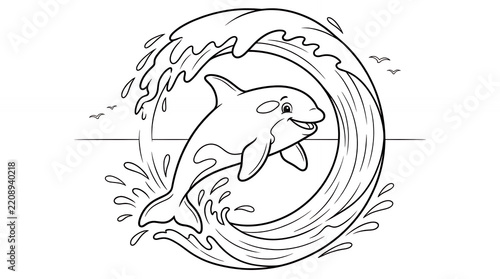 Jumping orca whale inside circular wave coloring page.