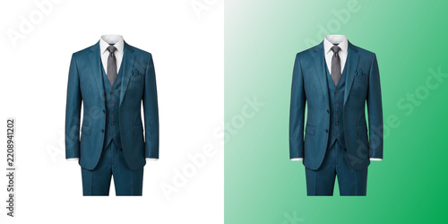Obraz na plátně Mens teal three piece suit on mannequin for formalwear
