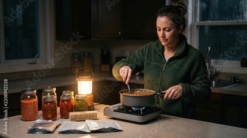 a woman preparing food with emergency supplies, canned jars, and a lantern during a power outage at home.
