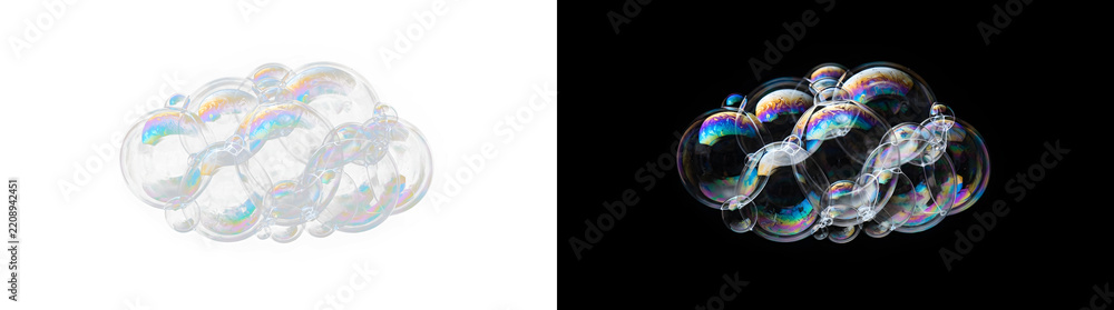 Obraz premium Transparent soap bubbles cluster featuring iridescent rainbow colors glowing brightly against contrasting dual white and black studio backgrounds