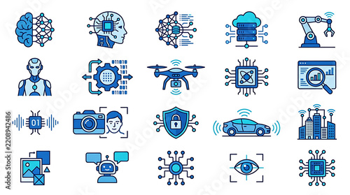 Technology icon set featuring AI drone robot and cybersecurity graphics with transparent background
