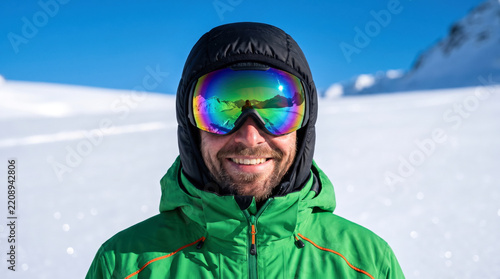 Smiling male skier in green hooded jacket and rainbow mirrored goggles against snowy mountains