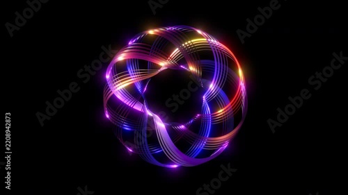 Glowing neon torus knot rotating, seamless loop. Abstract futuristic technology and energy background.