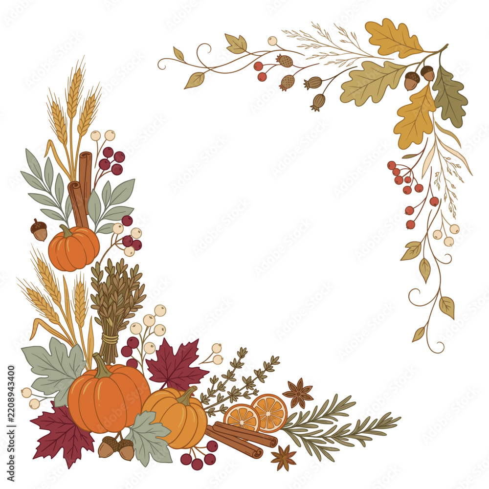 Fototapeta premium Autumn harvest corner frame with pumpkins and leaves