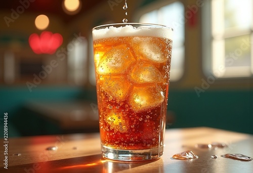 Fizzy Soda Served in Retro Diner Style Aesthetic Glass Filled with Bubbly Ice Cubes