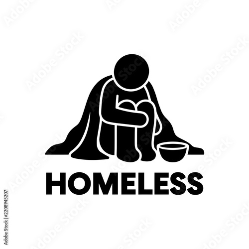 Homeless man wrapped in blanket stick figure icon