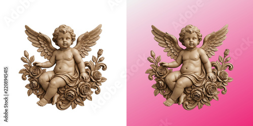 Fotografie Cherub cherubim angel with wings and rose flowers sculpture
