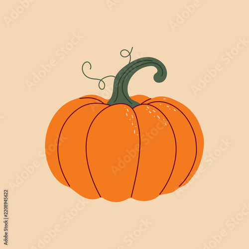 Bright orange pumpkin with a green curved stem, simple autumn vector illustration on a beige background.