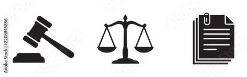 Law Icons Set: Gavel, Scales of Justice, Document Stack; Legal Symbols for Court, Judgment, Law Firm, Justice System