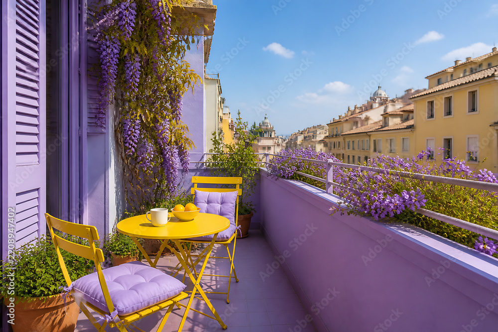 Fototapeta premium A bright, sunlit balcony with purple flowers and yellow furniture overlooks a cityscape.