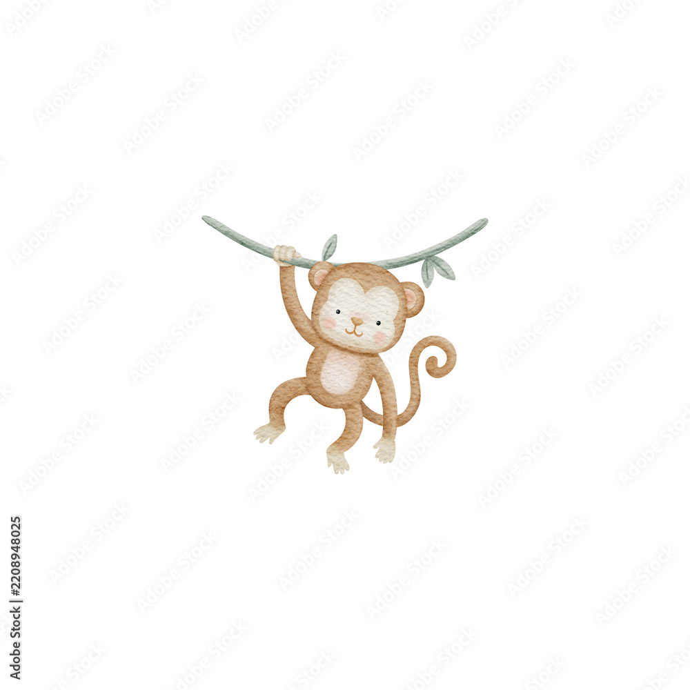 Fototapeta premium Cute baby monkey hanging on liana watercolor illustration, brown little ape for nursery decor