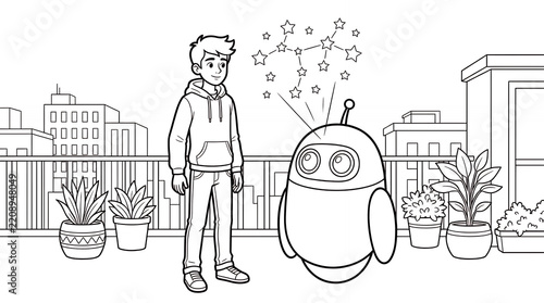 Boy and robot stargazing from city balcony.