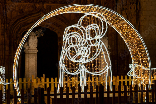 Illuminated holy family nativity scene in valladolid at night