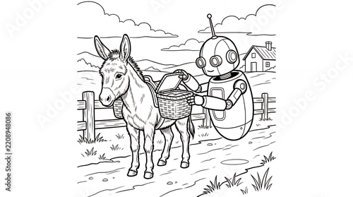 Cartoon robot helping donkey with baskets on rural farm