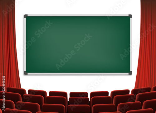 Classroom or auditorium with a curtain, armchairs, and a blackboard. Vector illustration.