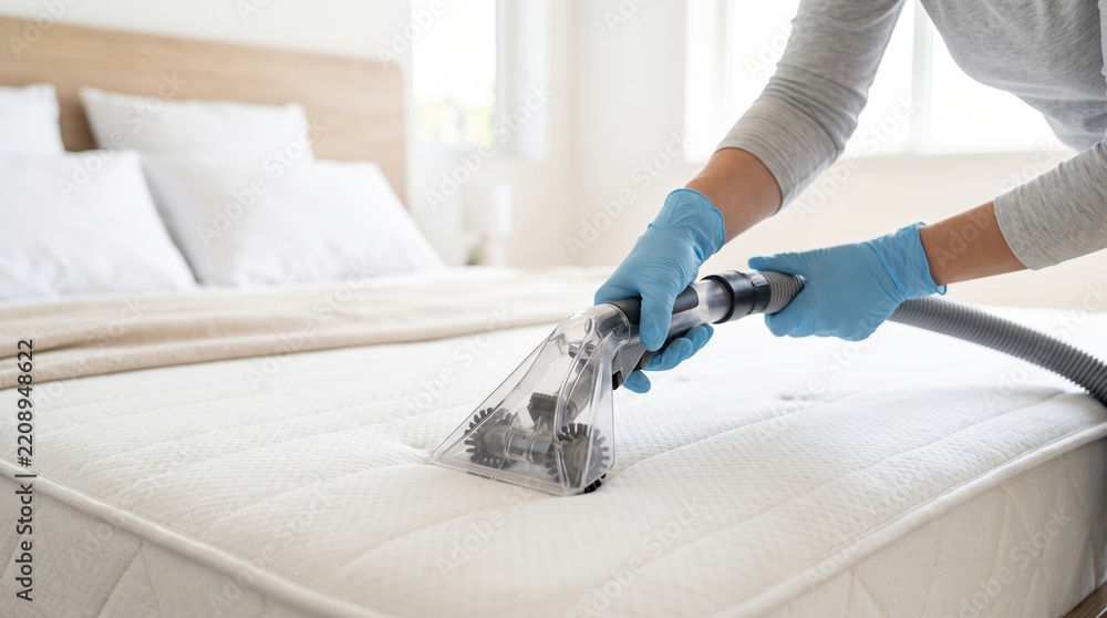 Obraz premium Gloved hands vacuuming a mattress with an upholstery cleaner in a bedroom. Mattress cleaning and fabric care. Housekeeping and hygiene maintenance. Home sanitation and healthy sleep.