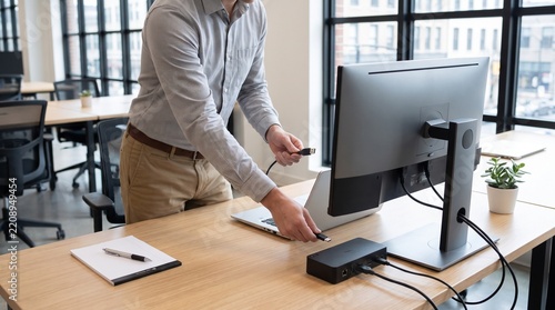 Male IT specialist standing at office desk connecting USB peripherals and display cables to laptop computer via docking station hub in modern workplace   