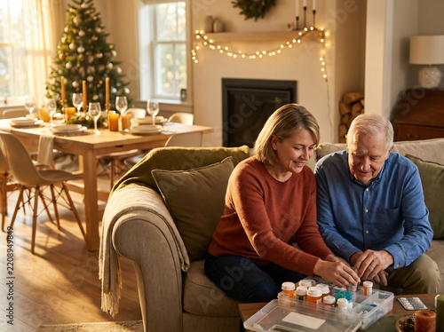 Woman and elderly man organizing medication at home. Caregiver supporting aging parent during Christmas.