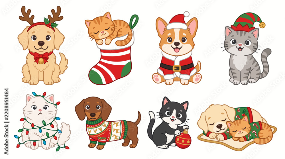 Obraz premium Christmas Pet Dog Cat Holiday Flat Vector Illustration Set