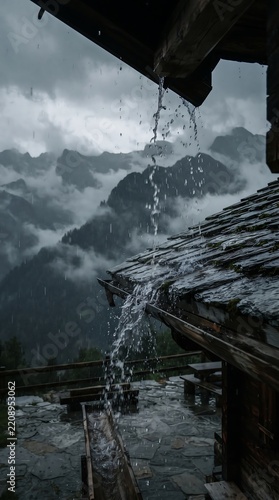 Rainwater streams down rustic wooden roof in stormy mountain landscape