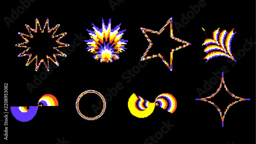 Retro pixel art glitch elements with chromatic aberration for Y2K. Vector illustration