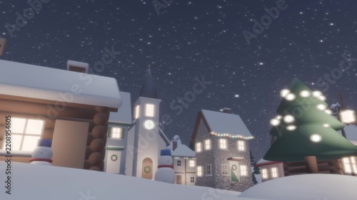 Santa Claus sleigh with reindeer flying past a church over a snowy Christmas village at night, falling snow, 3D animation
