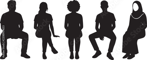 Set of five diverse people silhouettes sitting on chairs isolated on a white background for architectural design
