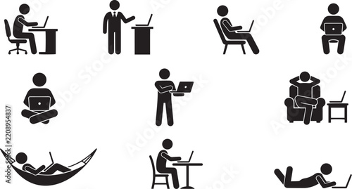 Set of black stick figure icons showing people working on laptops in various office and home environments