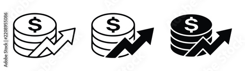 Money growth coins stack with upward arrow outline solid styles, UI and web interface.