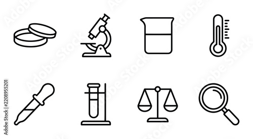 Science laboratory equipment icons outline solid styles, UI and web interface.
