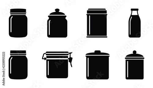 Kitchen storage containers and jars outline solid styles, UI and web interface.