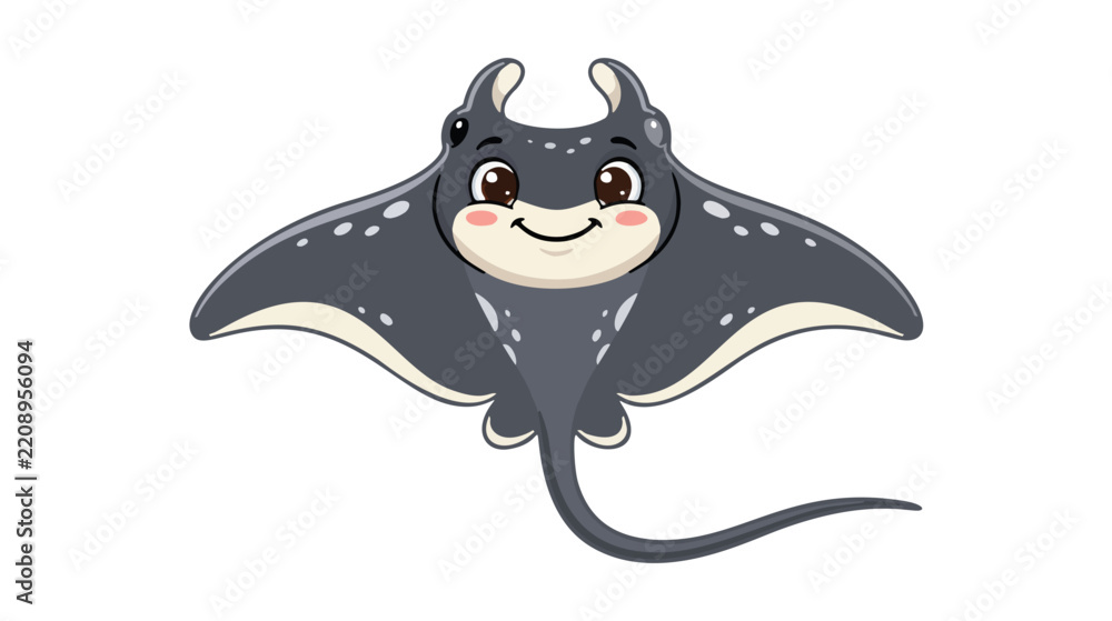 Fototapeta premium Cute manta ray character vector illustration with a wide elegant body, long tail, friendly expression, clean bold outline, and soft gray colors isolated on white background.