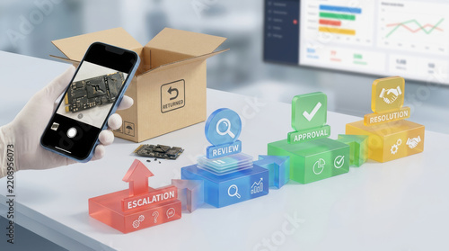 returned product complaint evidence review Smartphone scanning QR code on package for digital workflow and tracking