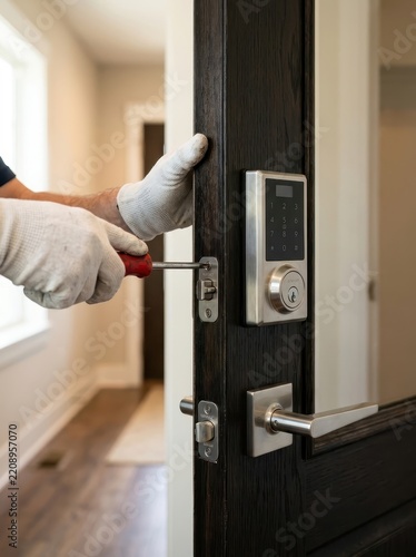 Professional Locksmith Installing Modern Smart Digital Door Lock with Keypad on Dark Wooden Entrance Door