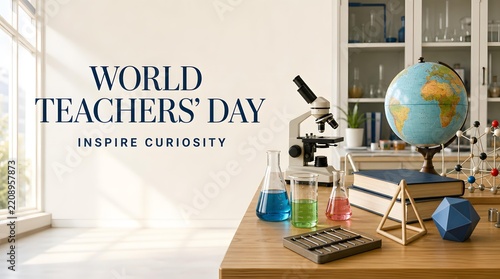 STEM Education Science Laboratory Table Photography with Microscope Globe and Beakers for World Teachers Day Inspire Curiosity Banner Background
