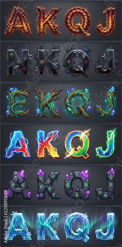 Themed AKQJ Playing Card Letter Collection with Colorful Slot Game Symbols