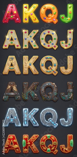 Themed AKQJ Playing Card Letter Collection with Colorful Slot Game Symbols