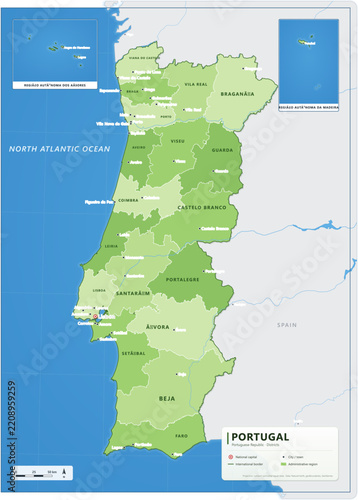 Portugal political map with districts, capital Lisbon, major cities and borders - detailed vector illustration
