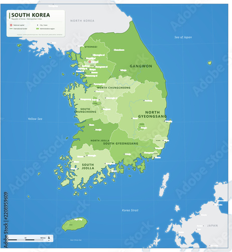 South Korea political map with metropolitan cities, capital Seoul, major cities and borders - detailed vector illustration