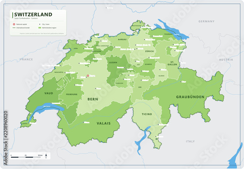 Switzerland political map with cantons, capital Bern, major cities and borders - detailed vector illustration