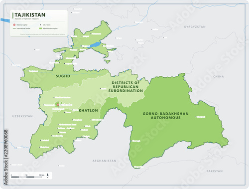 Tajikistan political map with regions, capital Dushanbe, major cities and borders - detailed vector illustration