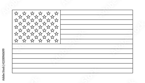 USA flag outline contour, stars and stripes coloring page style, isolated on transparent background. American flag line art, black and white vector illustration